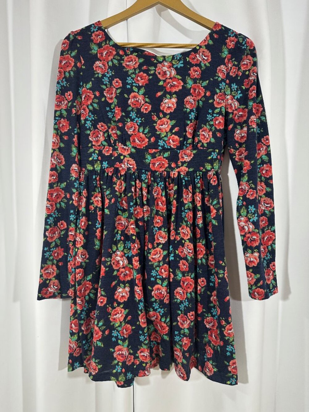 Poema Size Large Navy Pink Floral Fit & Flare Dress Long Sleeve Boho Cottagecore